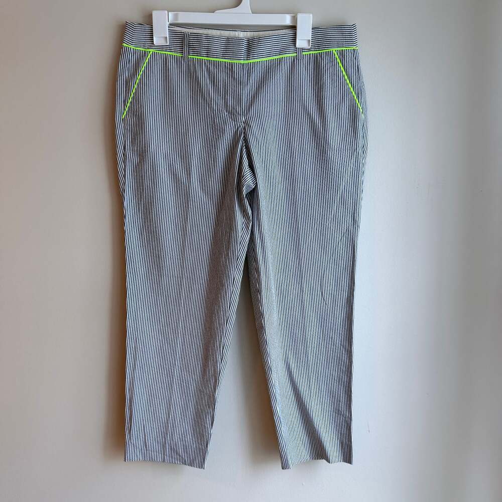 J.Crew Women's Striped Seersucker Cafe Capri Pants with Neon Yellow Trim Size 10